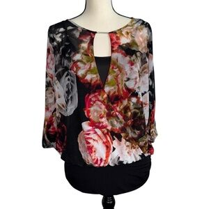 Jennifer Lopez Floral Keyhole Blouse - Black and Red size medium attached cami